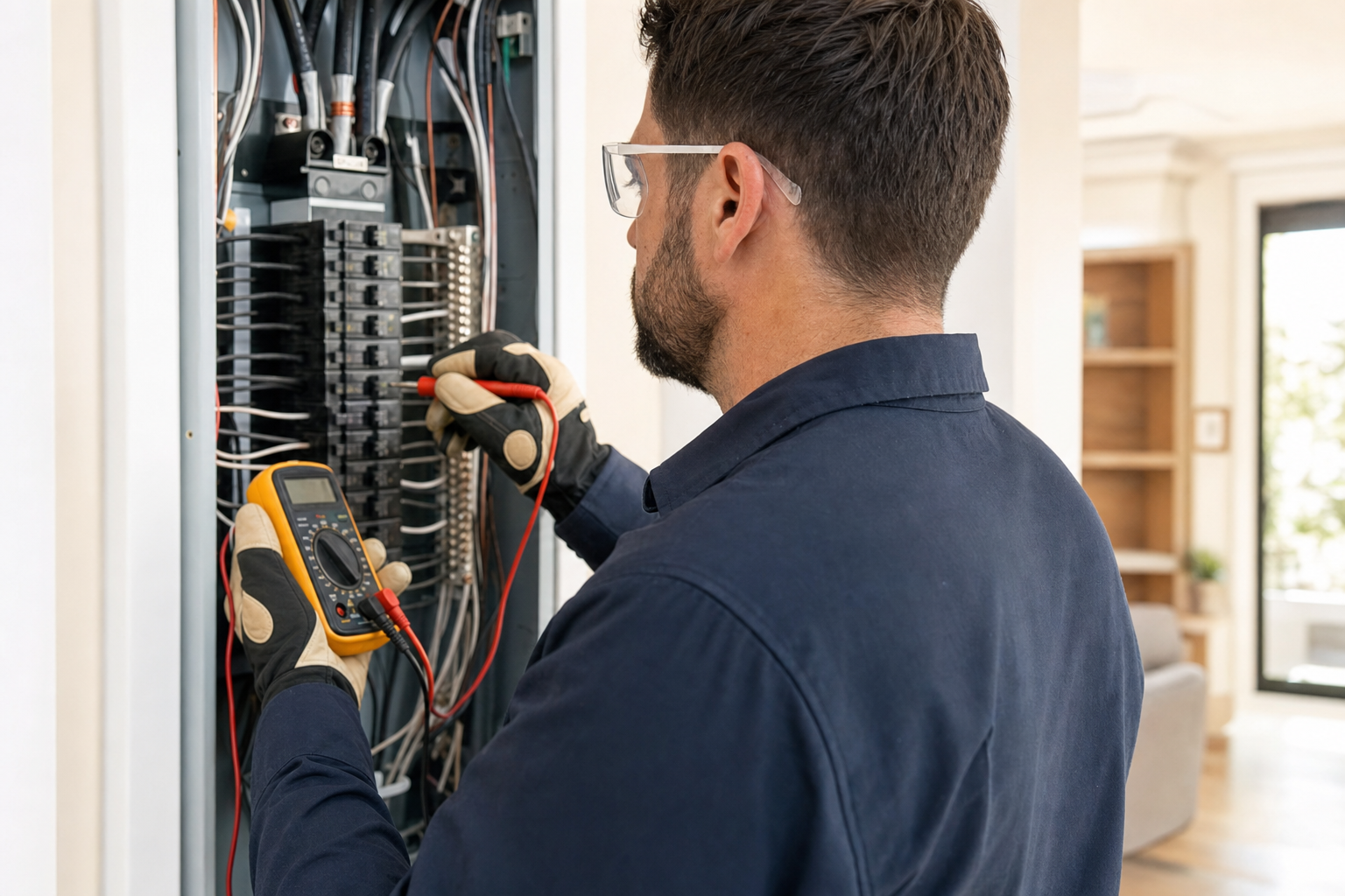 Professional electrician inspecting a residential electrical panel